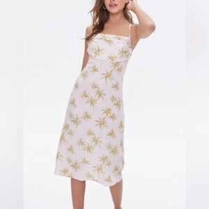 Forever 21 Blush Pink Green Palm Trees Tie Strap Cowl Neck Slip Midi Dress- M